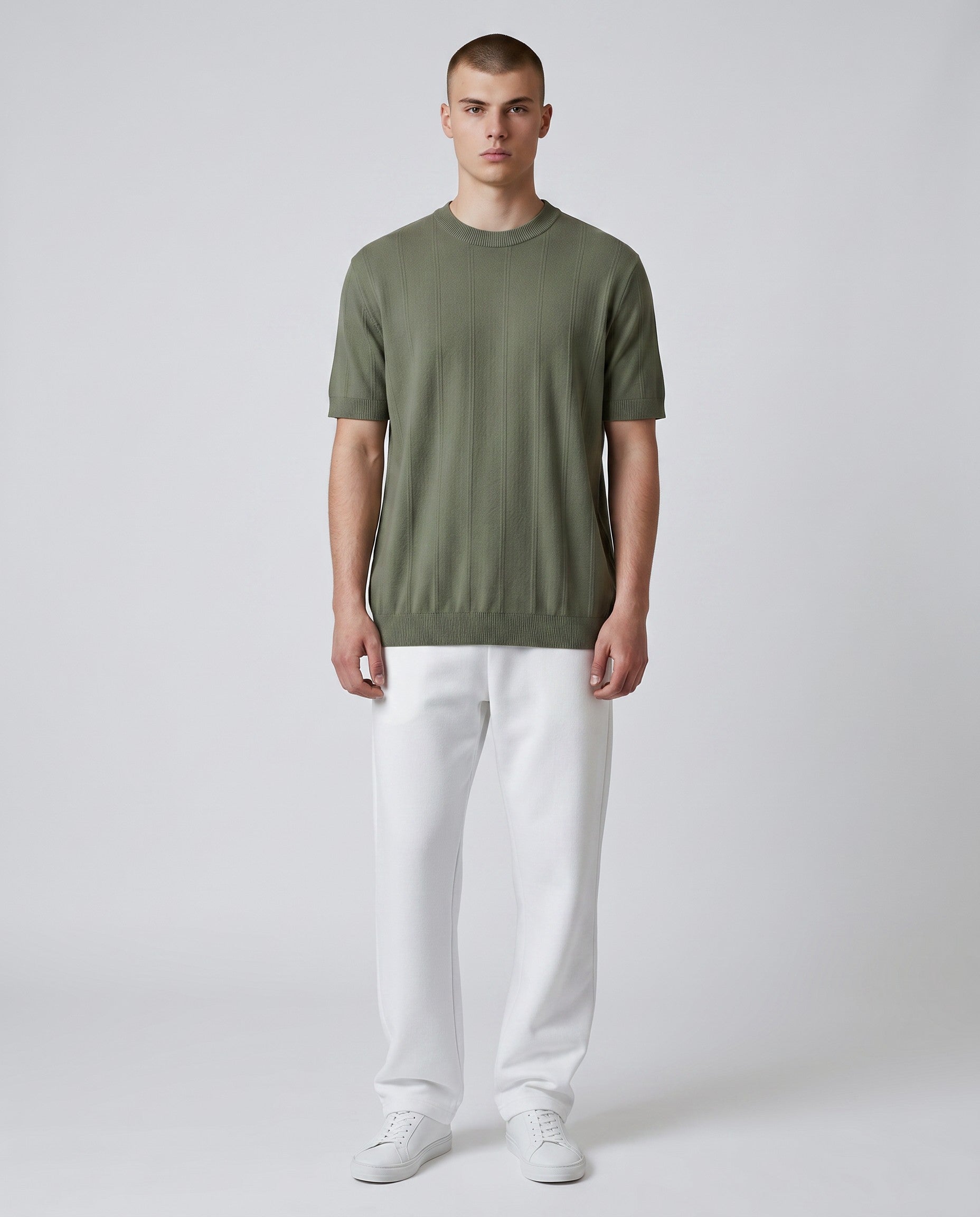 Maison Sarava men's short-sleeved t-shirt in olive green Lyocell with a subtle vertical stripe texture and crew neck.