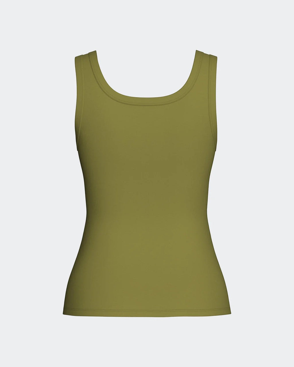 Maison Sarava women's olive green lyocell tank top with wide straps and subtle ribbed logo detail.
