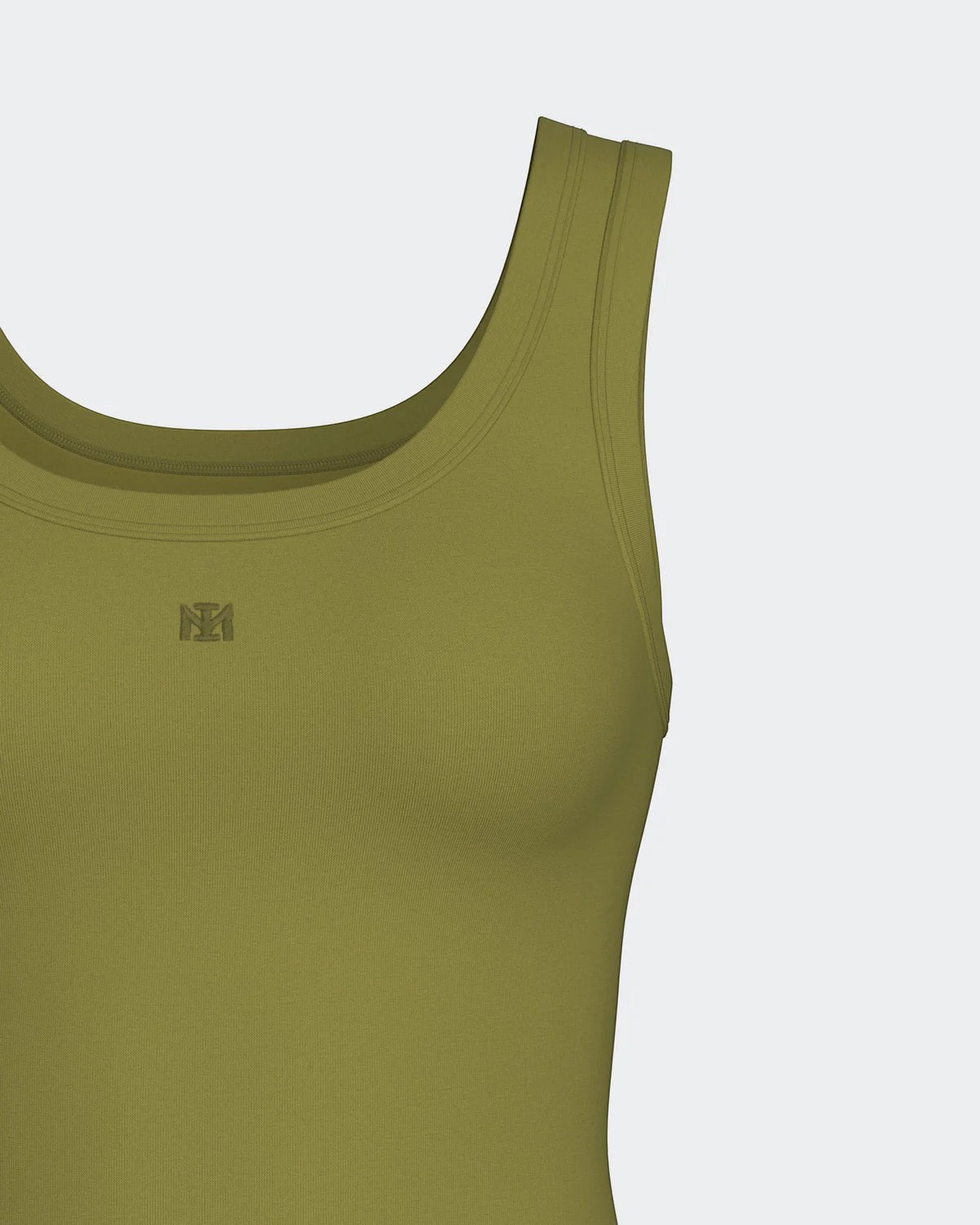 Maison Sarava olive green TENCEL™ Lyocell women's minimalist tank top with wide straps and subtle ribbed logo.