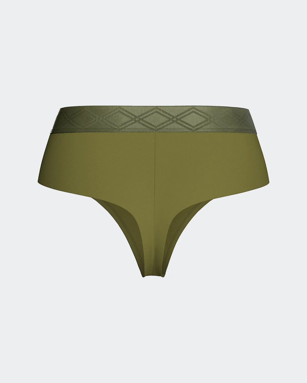 Maison Sarava women's olive green thong made from TENCEL™ Lyocell with a satin elasticated waistband featuring a diamond pattern.