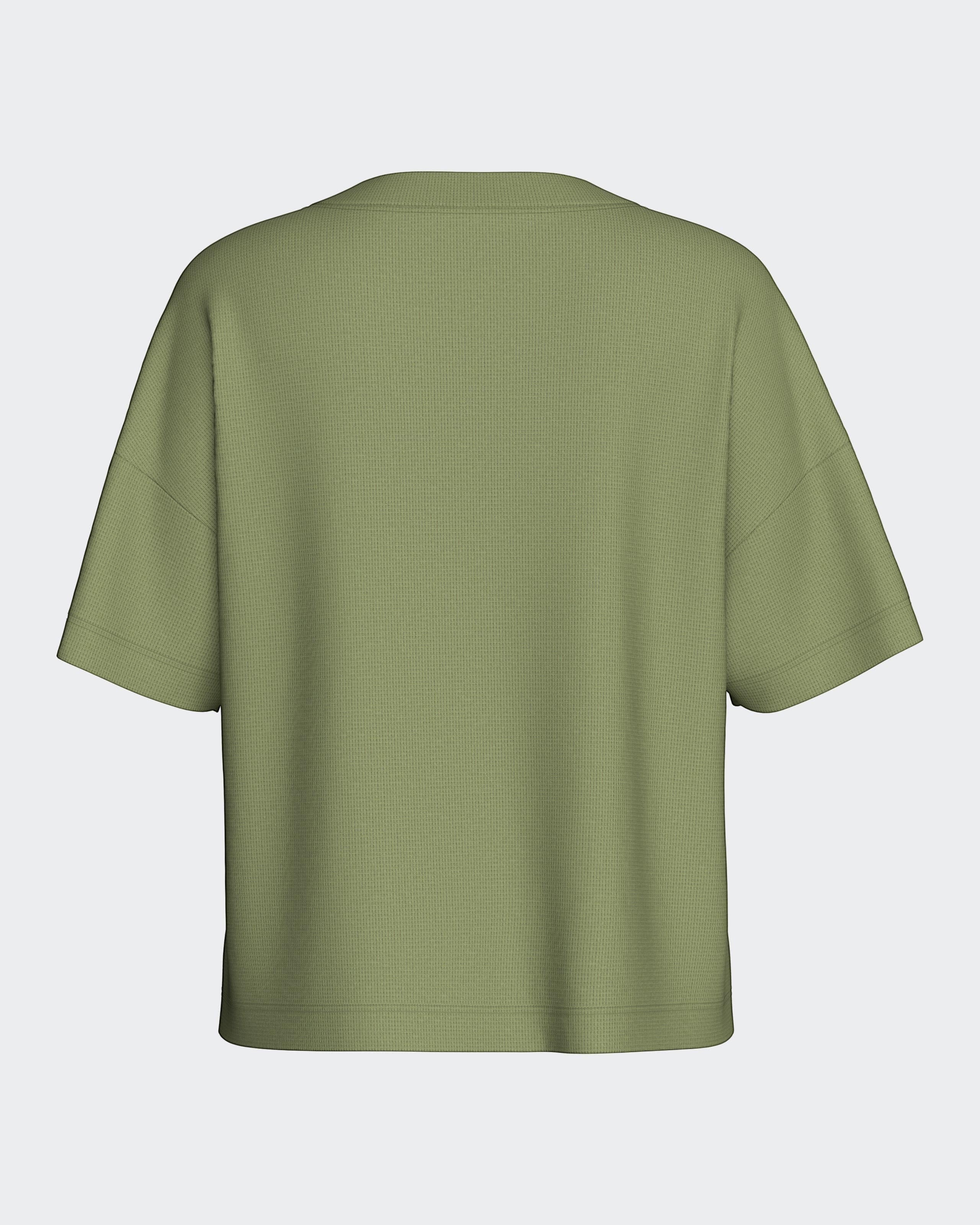 Maison Sarava women's olive green lyocell short sleeve top with a textured knit and relaxed fit.