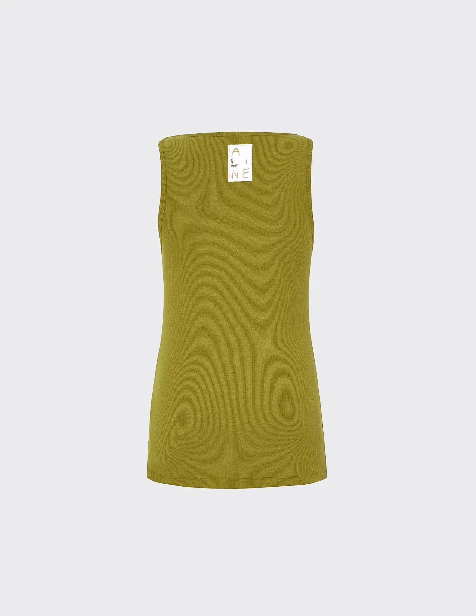 Maison Sarava women's olive green ribbed jersey tank top with square neckline and form-fitting silhouette.