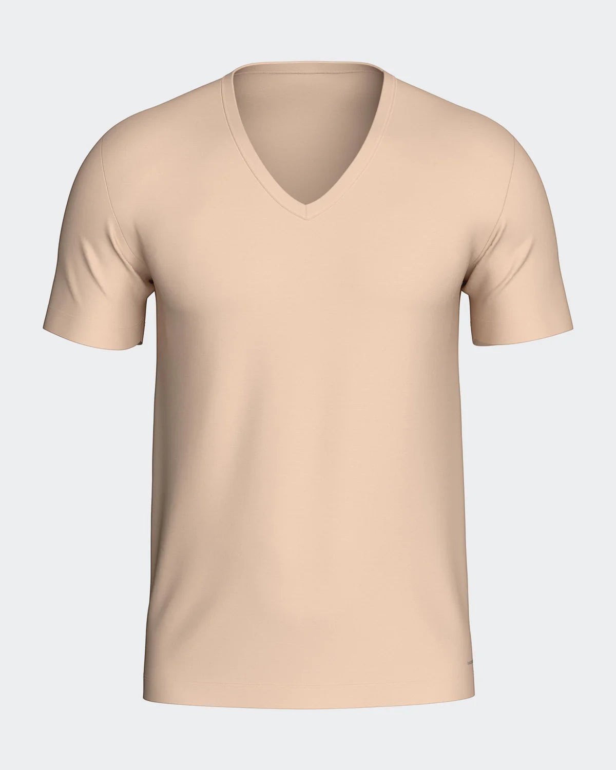 Maison Sarava men's light peach V-neck t-shirt made from cotton, viscose, and Outlast® for temperature regulation.
