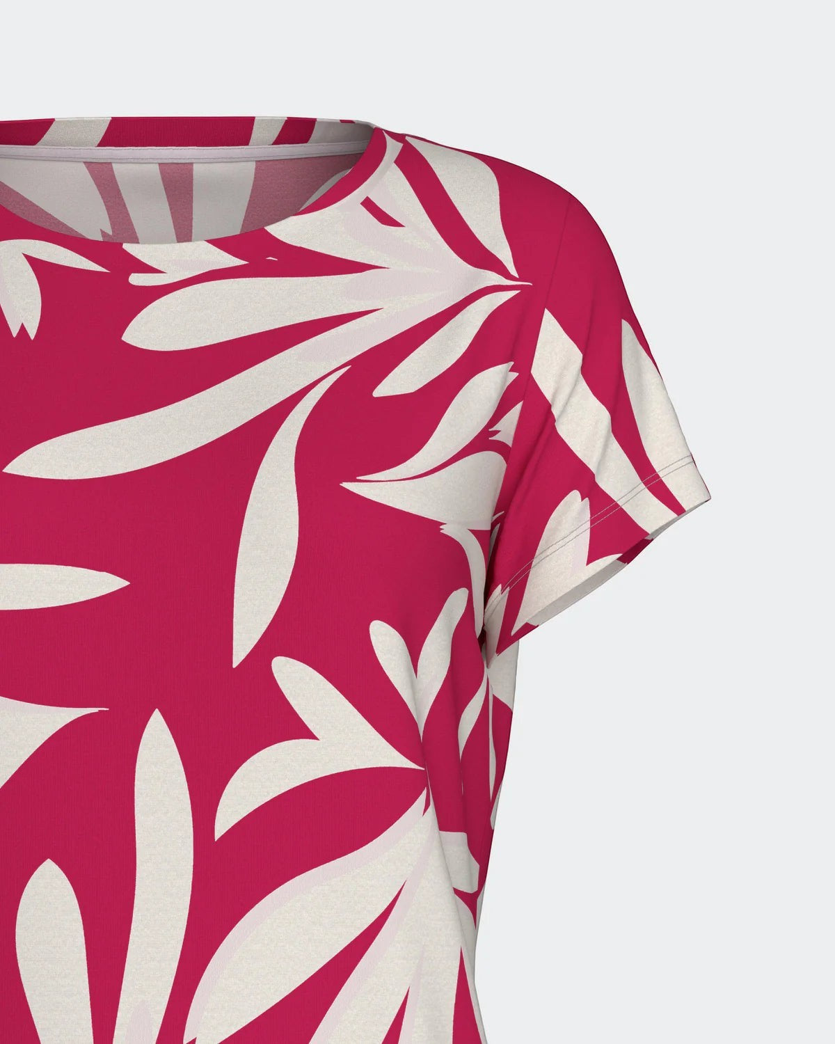 Maison Sarava women's pink lyocell short sleeve top with large cream floral print, part of a lounge set.