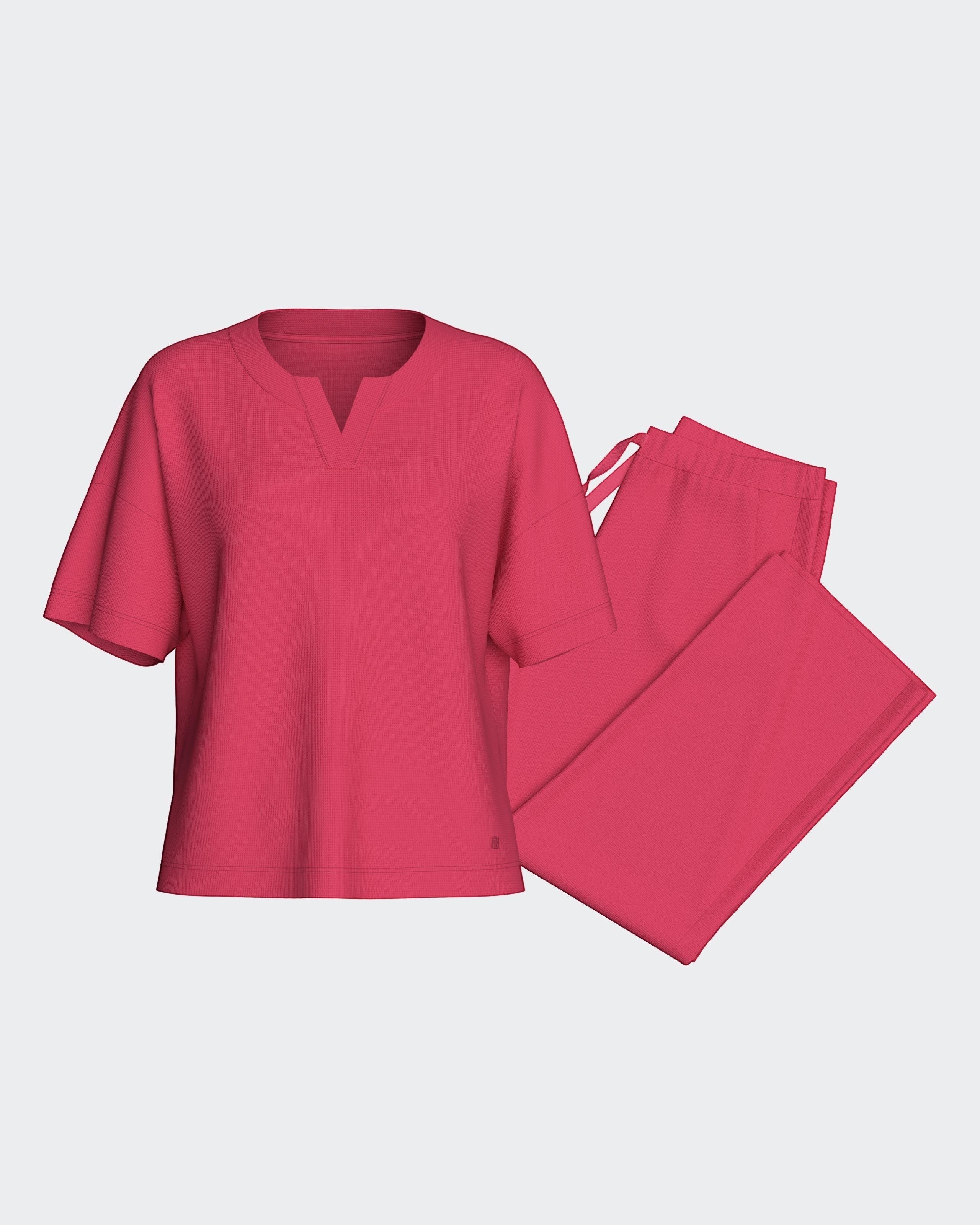 Maison Sarava women's pink lyocell lounge set with V-neck top and drawstring pants.