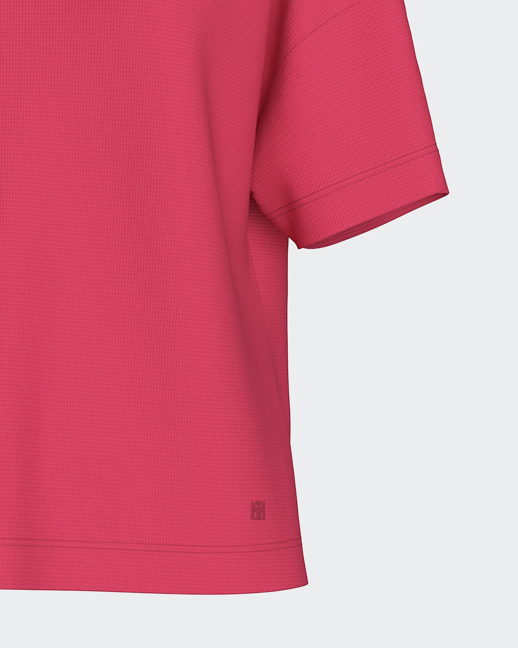 Maison Sarava women's pink lyocell short-sleeve top with textured fabric and subtle logo detail.