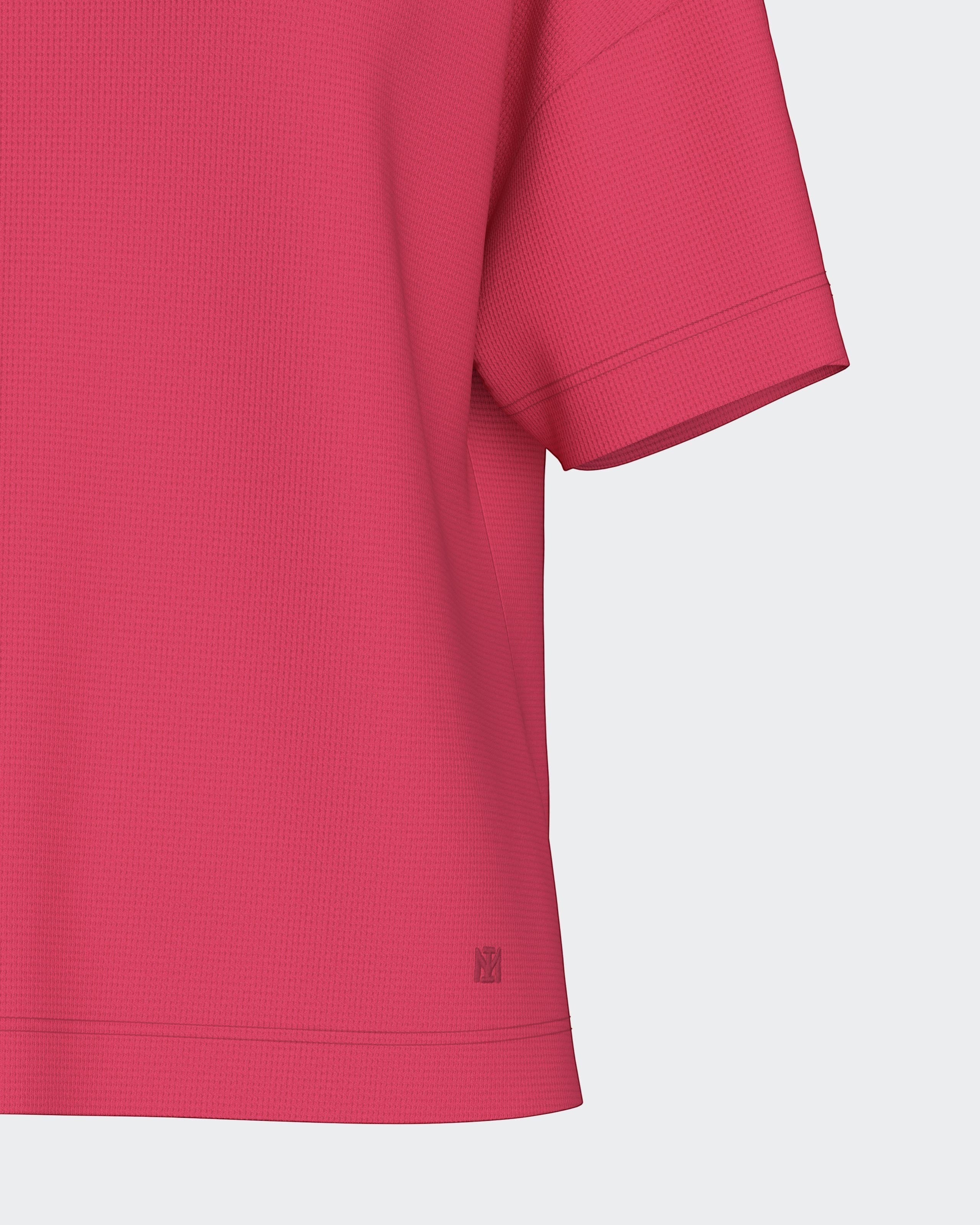 Maison Sarava women's pink lyocell short-sleeve top with textured fabric and subtle logo detail.