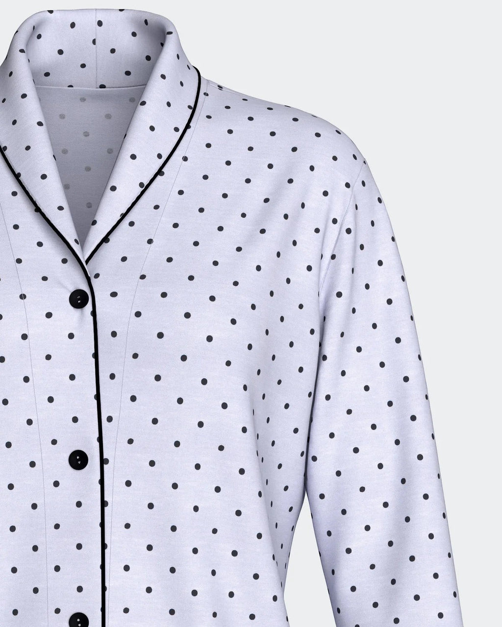 Maison Sarava women's light blue modal lounge set with black polka dots and contrast piping.