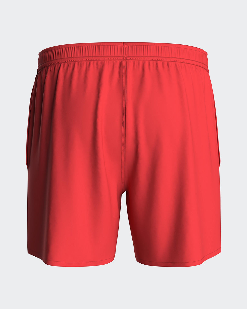Maison Sarava red polyester men's swim shorts with adjustable drawstring waist and side pockets.