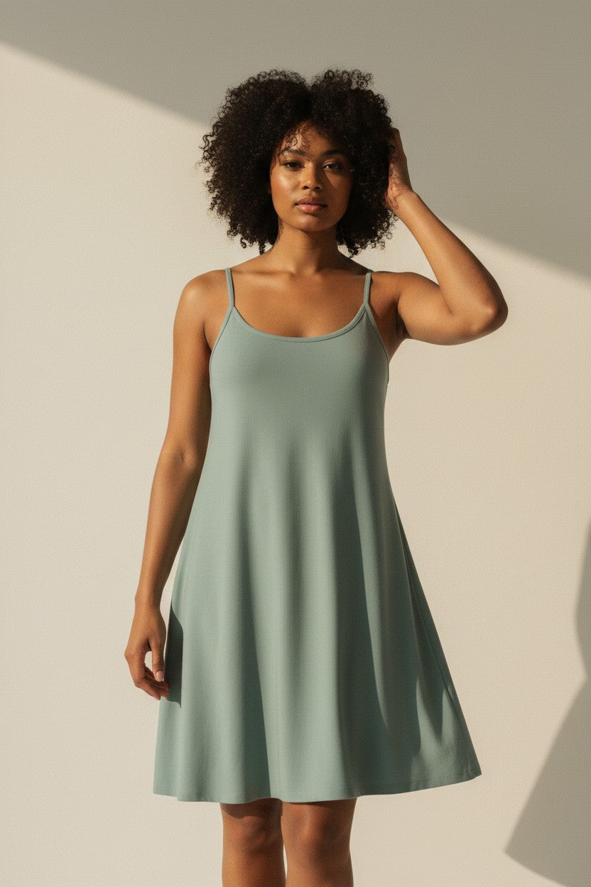 Woman wearing a light green slip dress against a neutral background
