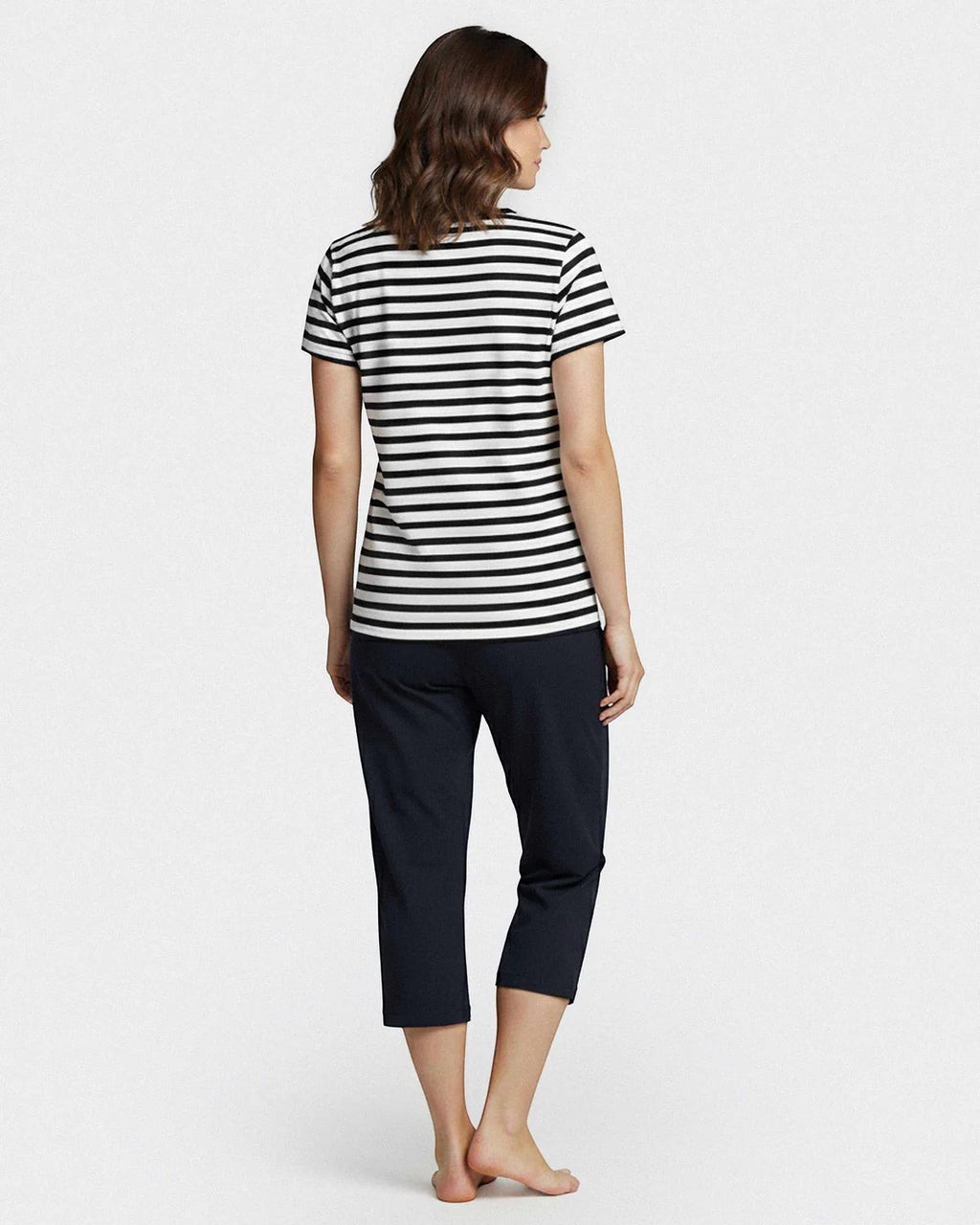 Maison Sarava women's navy blue and white striped cotton short sleeve lounge set with capri trousers.