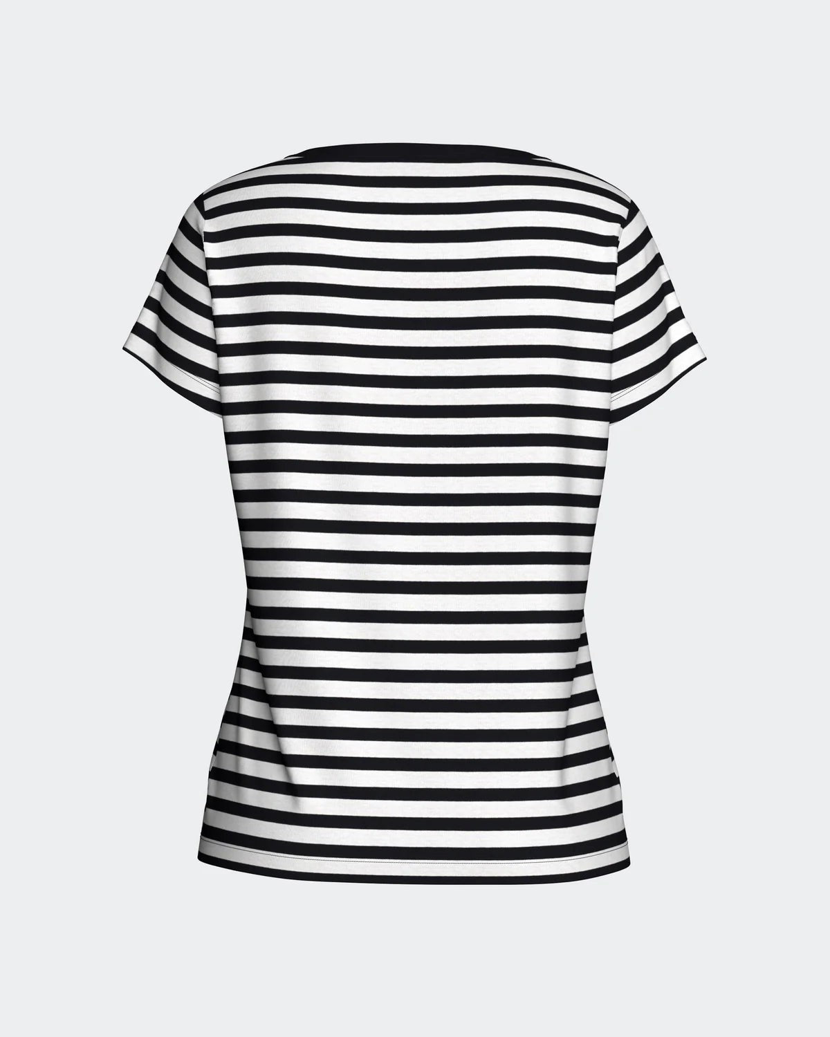 Maison Sarava women's navy blue and white striped 100% cotton short sleeve t-shirt.