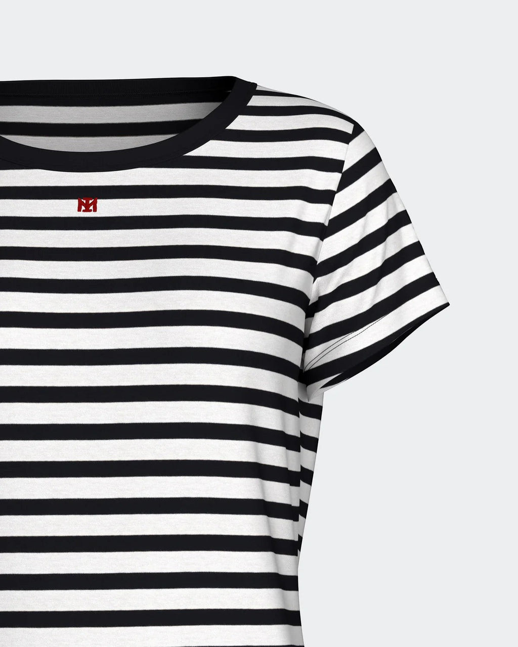 Maison Sarava women's navy blue and white striped 100% cotton short sleeve t-shirt with red logo detail.