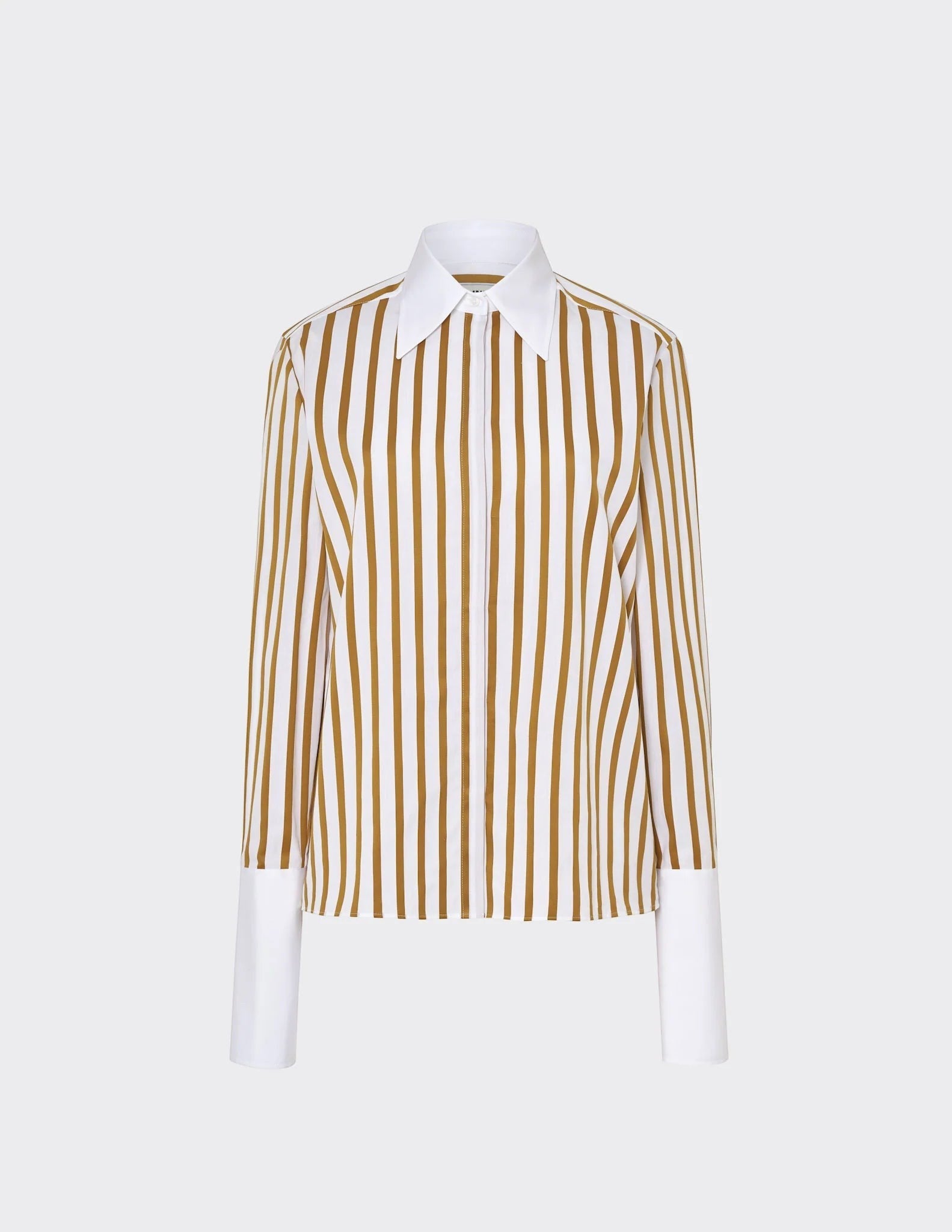 Maison Sarava women's fitted shirt in white with brown vertical stripes, pointed collar, and contrasting white cuffs.