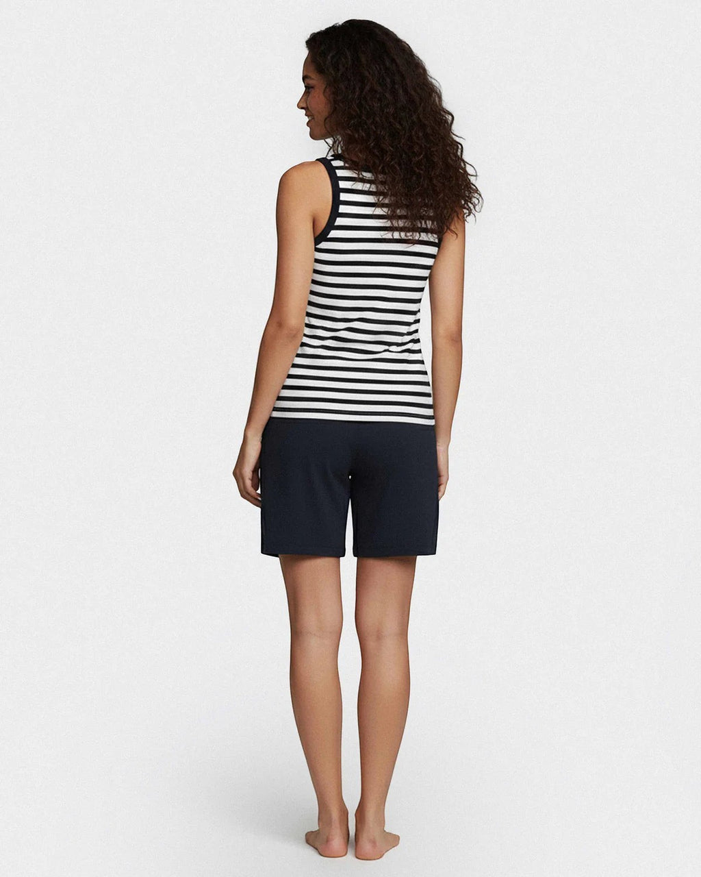 Maison Sarava women's navy and white striped sleeveless top with navy blue drawstring shorts. 100% cotton knit loungewear.