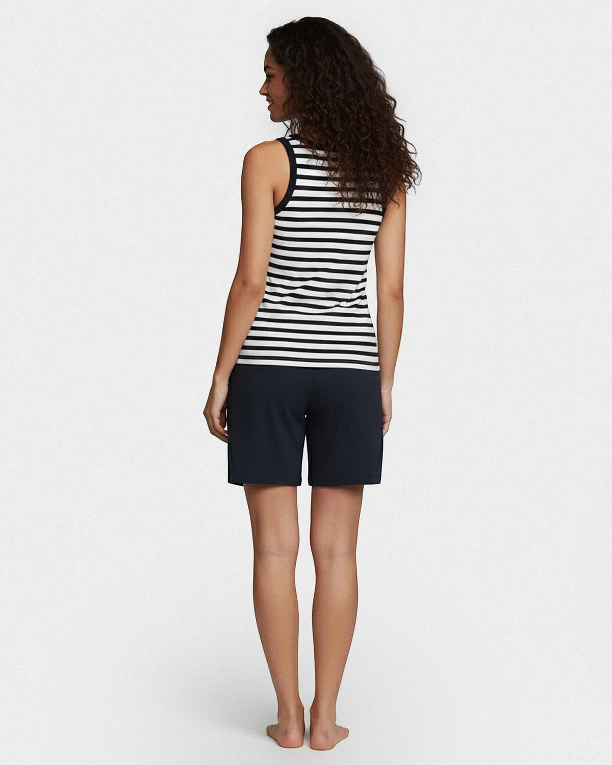 Maison Sarava women's navy and white striped sleeveless top with navy blue drawstring shorts. 100% cotton knit loungewear.