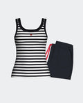 Maison Sarava women's navy and white striped tank top and navy shorts with red stripe detail. 100% cotton knit loungewear.