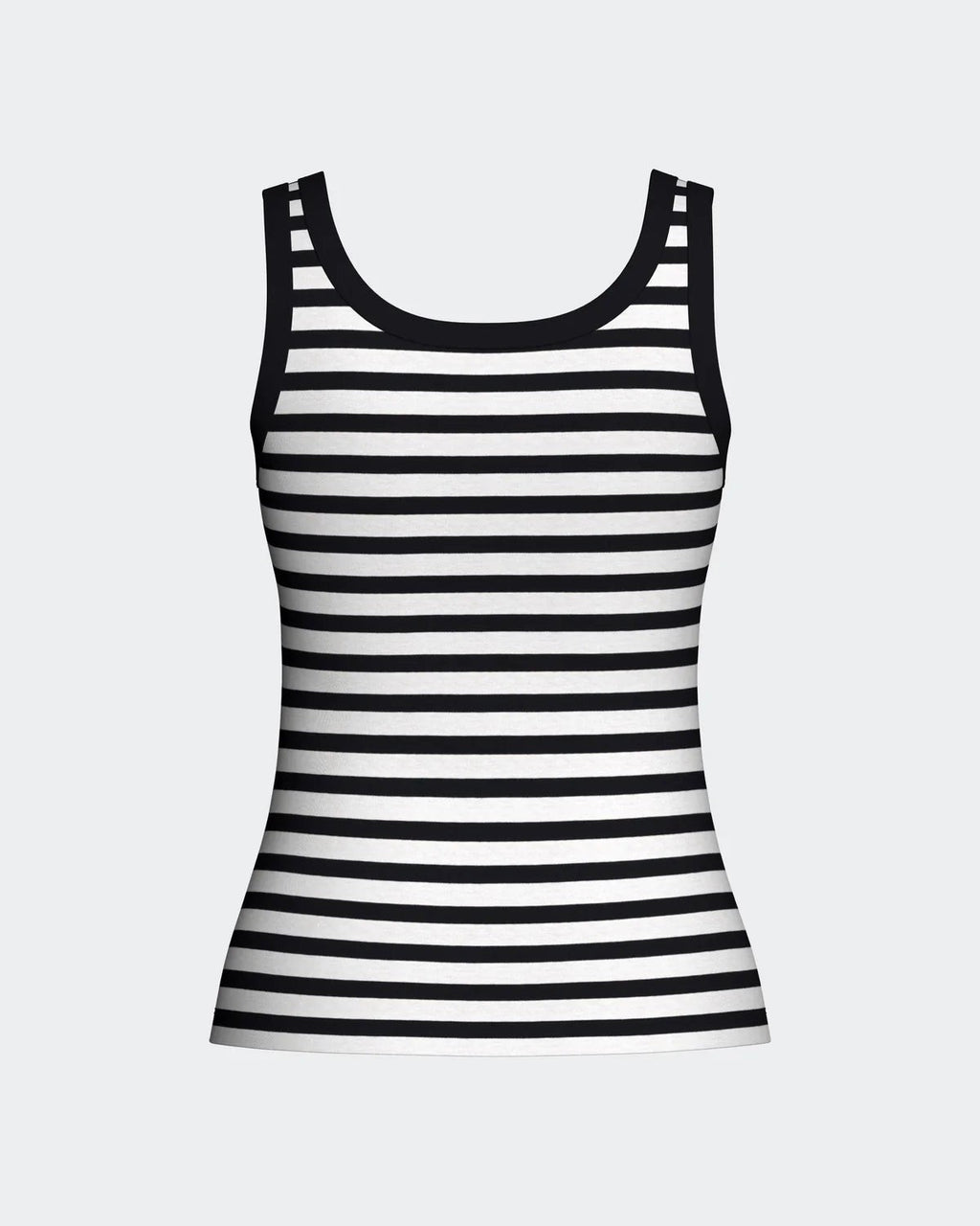 Maison Sarava women's black and white striped modal tank top with black trim. Sleeveless design.