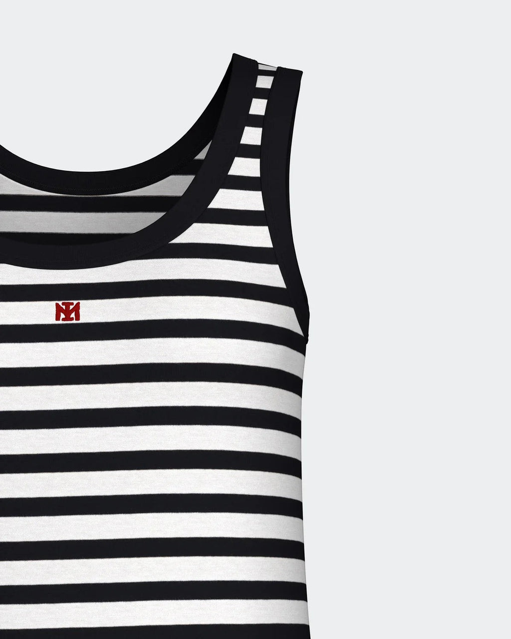 Maison Sarava women's black and white striped tank dress, sleeveless, relaxed fit, breathable fabric.