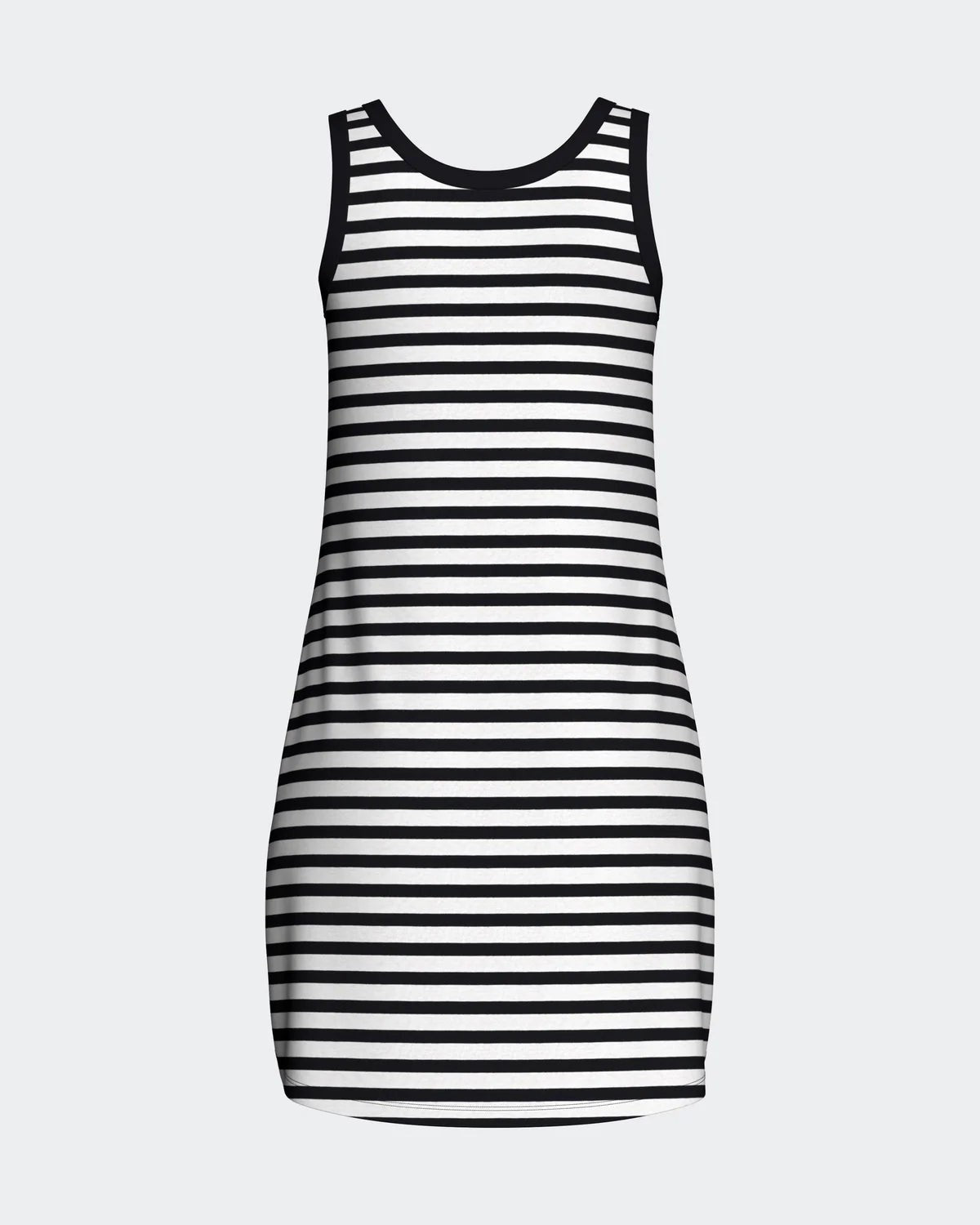 Maison Sarava women's black and white striped sleeveless tank dress, relaxed fit, crew neck.