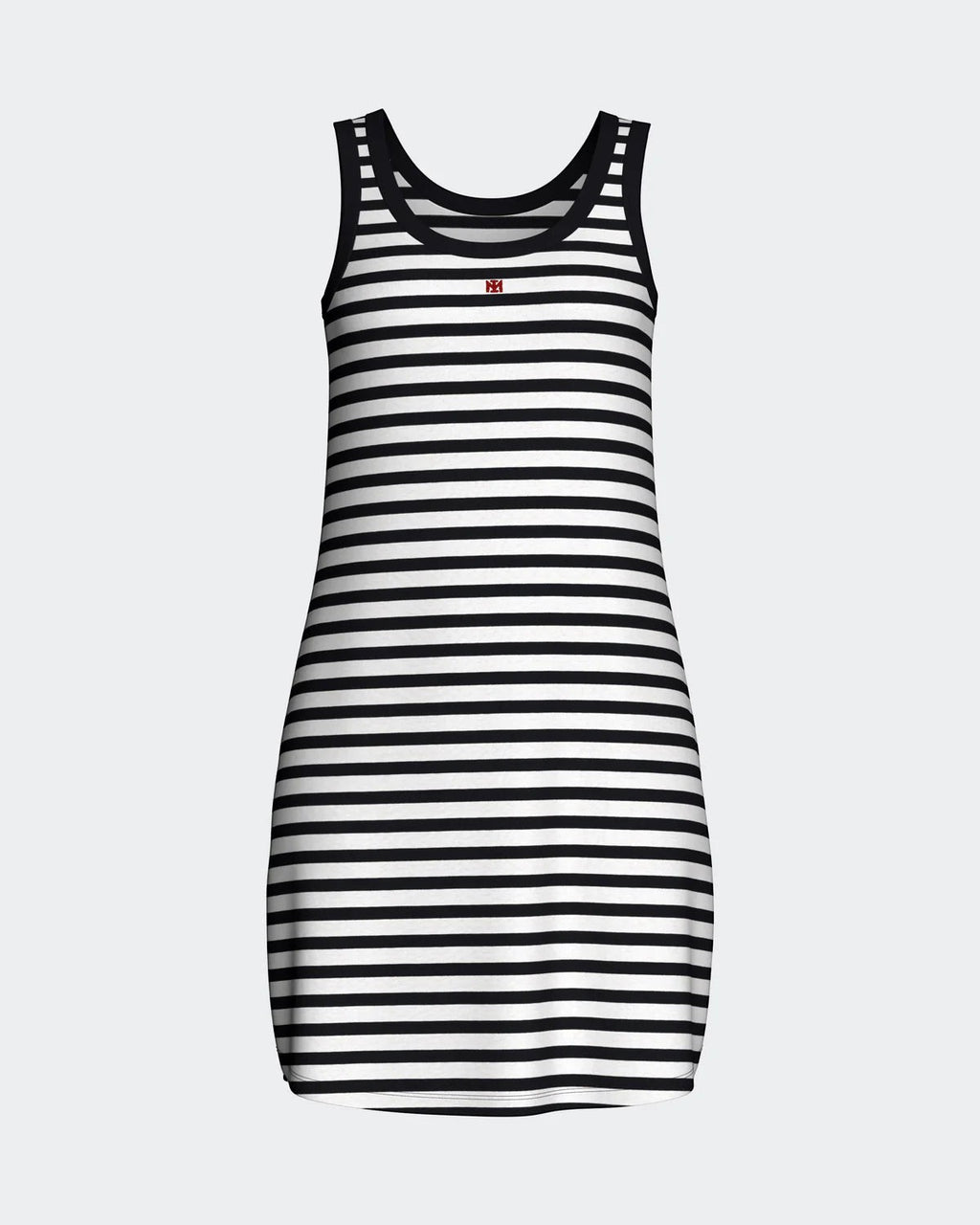 Maison Sarava women's black and white striped sleeveless tank dress, relaxed fit, crew neck.
