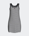 Maison Sarava women's black and white striped sleeveless tank dress, relaxed fit, crew neck.