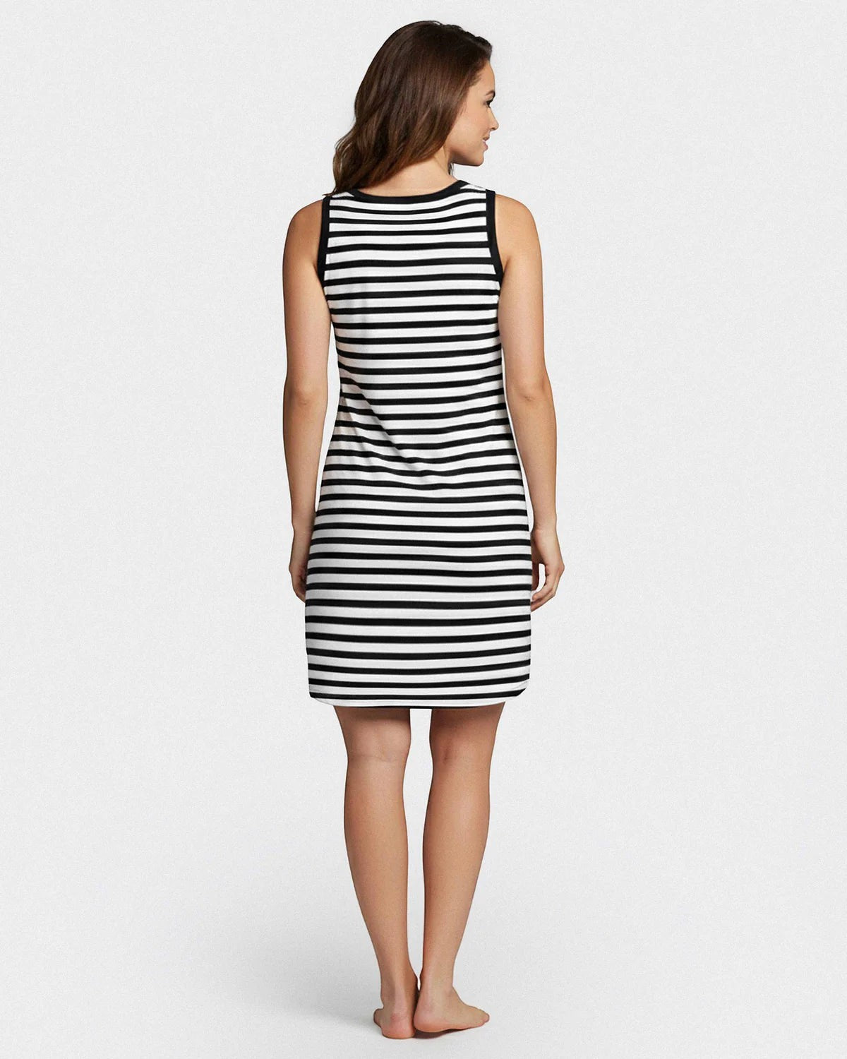 Maison Sarava women's black and white striped sleeveless tank dress, relaxed fit, knee-length.