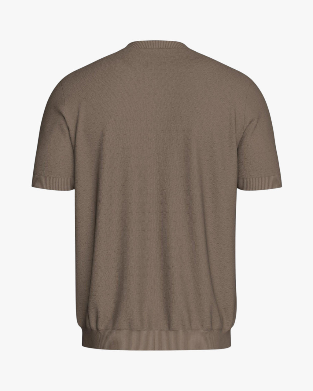Maison Sarava taupe brown short sleeve knit top in Lyocell with crew neck and fine texture.