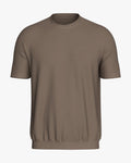 Maison Sarava taupe brown short sleeve knit top in Lyocell with crew neck and fine textured fabric.