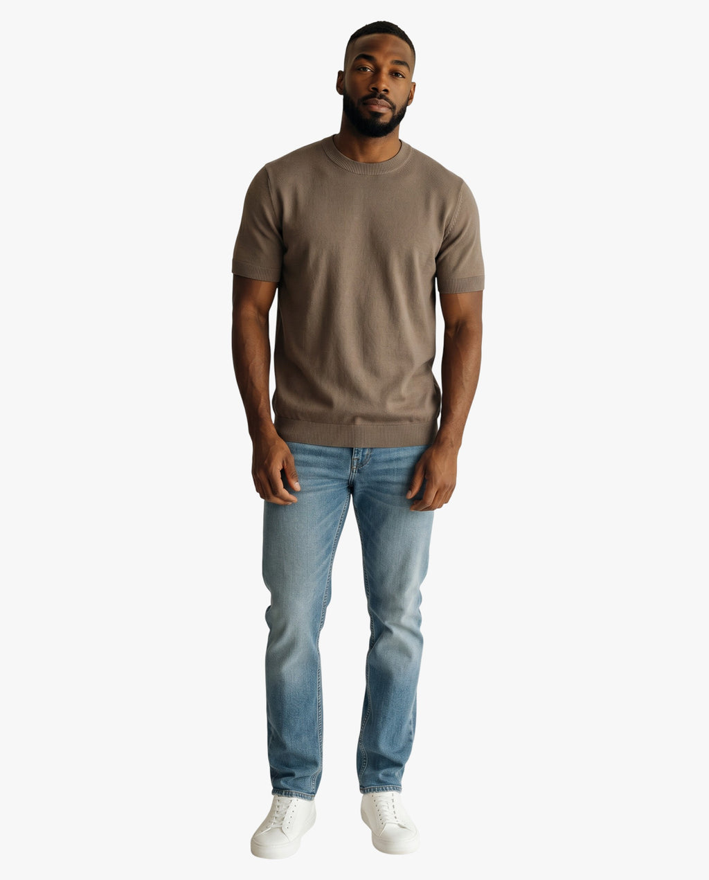 Maison Sarava men's taupe short-sleeved t-shirt in 100% Lyocell with a round neckline and textured knit.