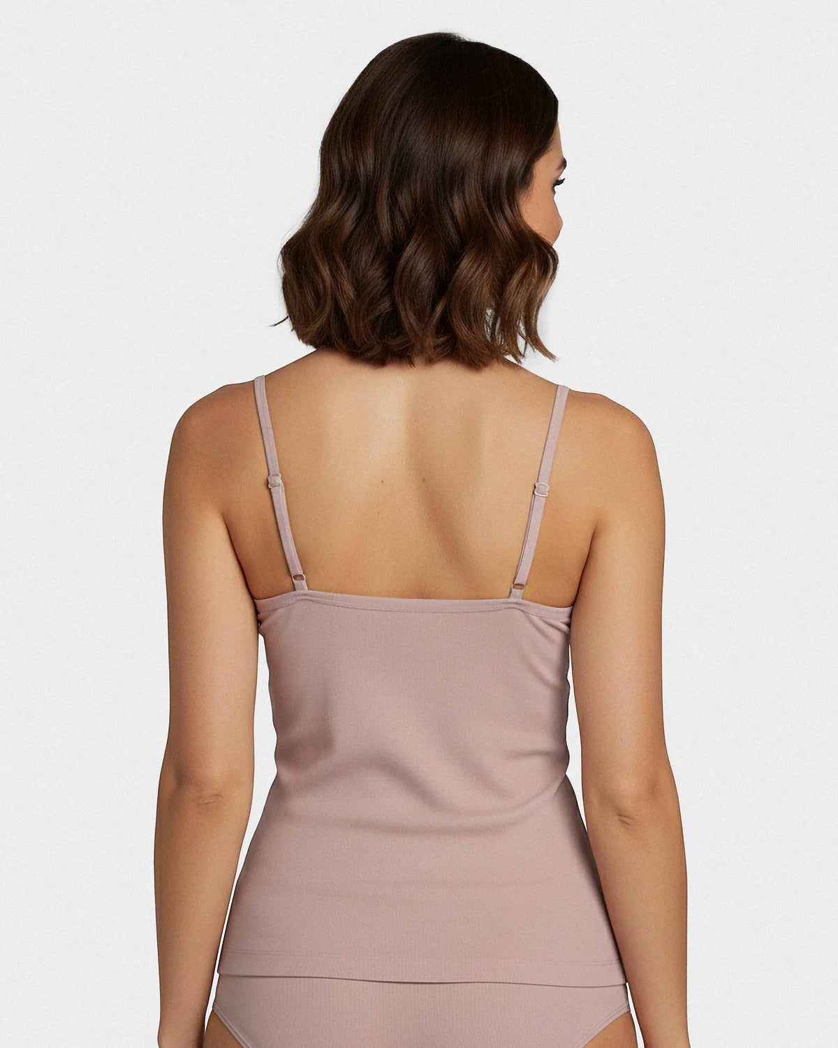 Maison Sarava women's taupe V-neck tank top with adjustable straps, made from soft TENCEL Lyocell.