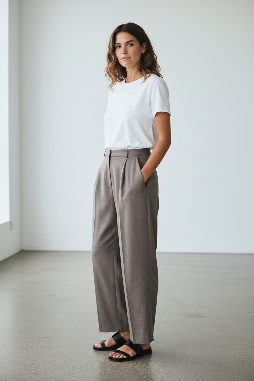 Maison Sarava taupe wide leg pleated trousers in a premium blend fabric, perfect for professional or casual wear.