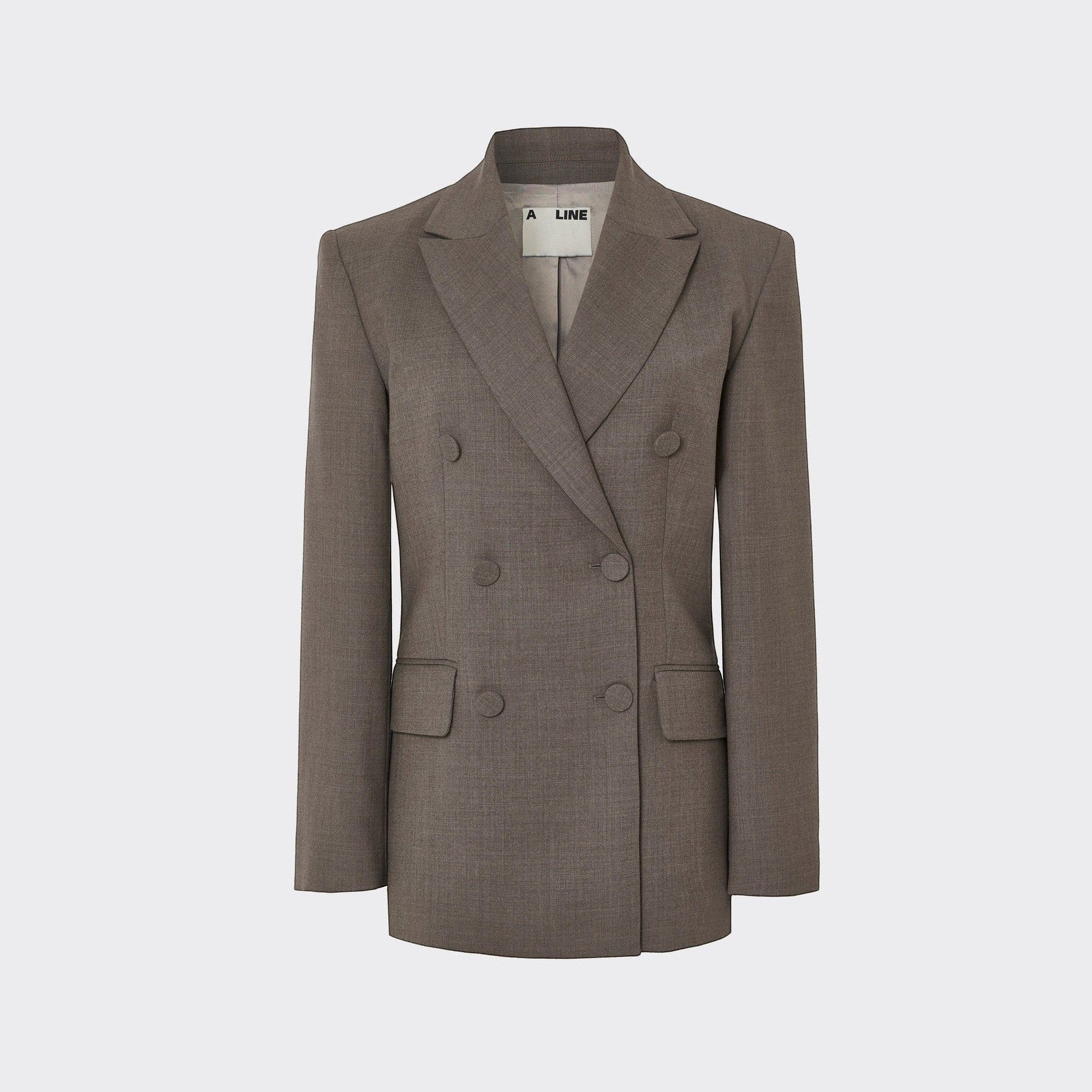 Maison Sarava women's taupe wool double-breasted blazer with peak lapels and flap pockets.