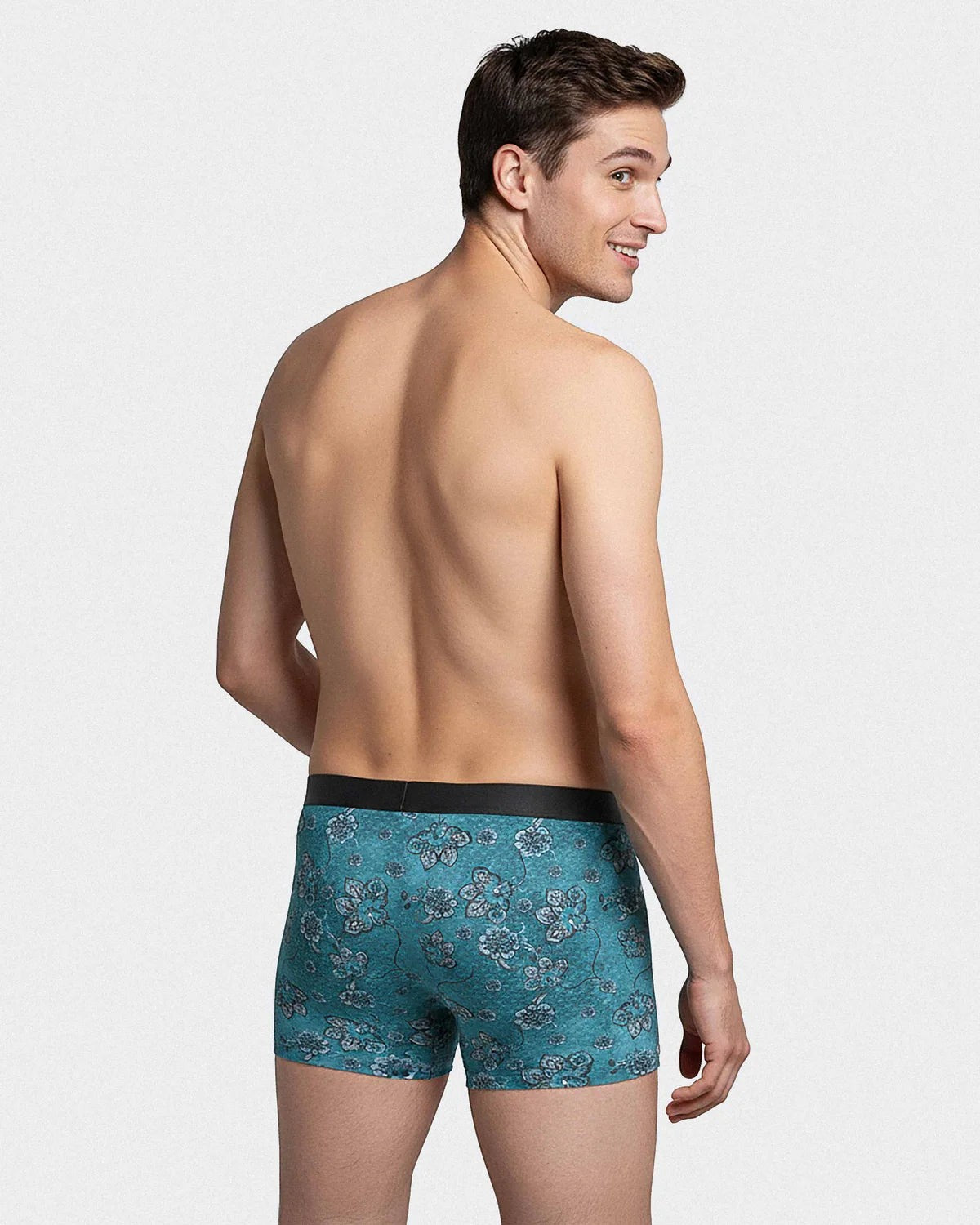 Maison Sarava men's teal floral print boxer briefs made from TENCEL Lyocell with an elasticated waistband.
