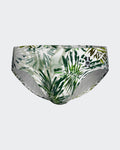 Maison Sarava tropical leaf print swim briefs in green and white. Form-fitting, quick-drying fabric.
