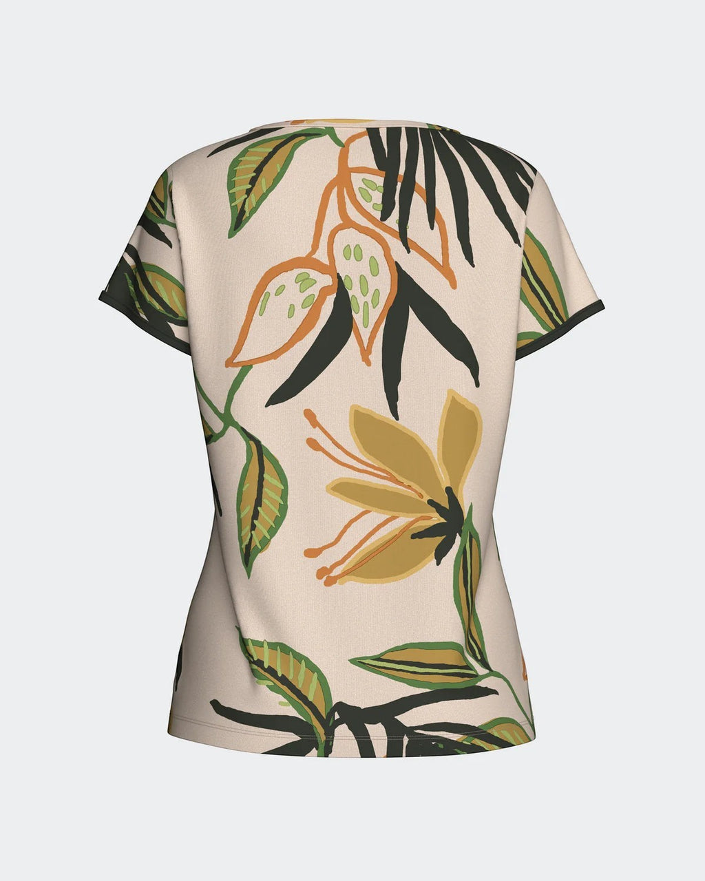 Maison Sarava women's short-sleeved lounge top with a tropical floral print in beige, green, and orange. Made from Lyocell.