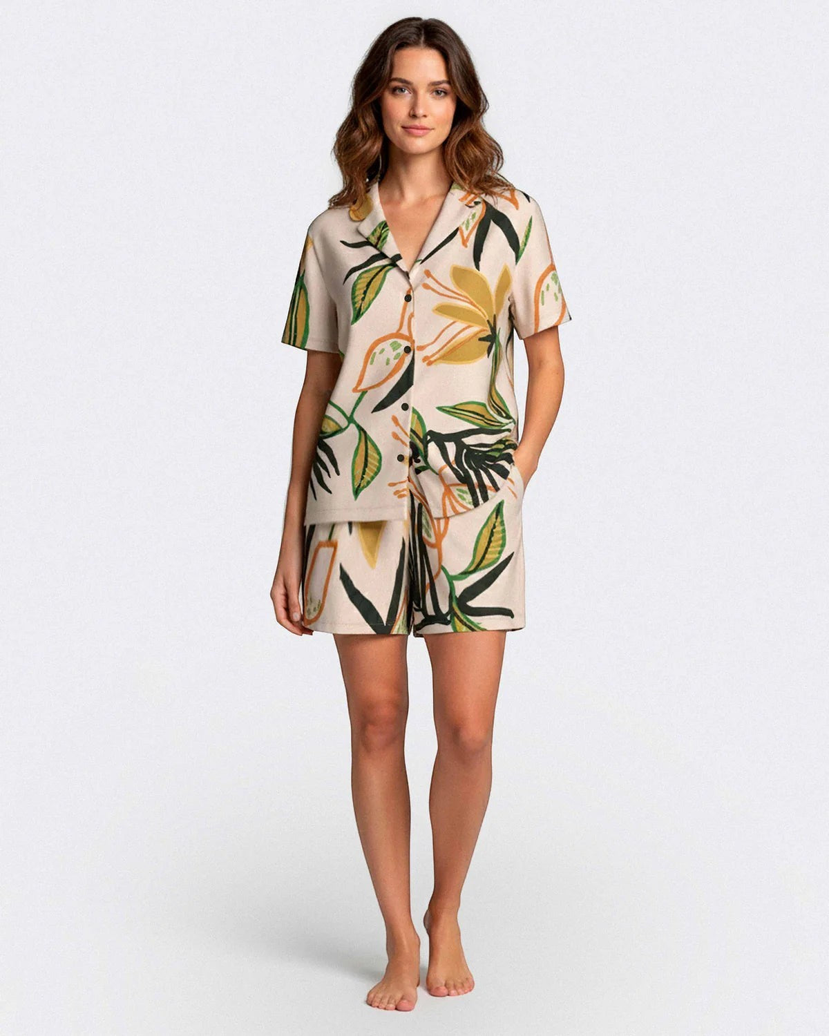 Maison Sarava women's beige modal short sleeve lounge set with tropical print, lapel collar, and button front.
