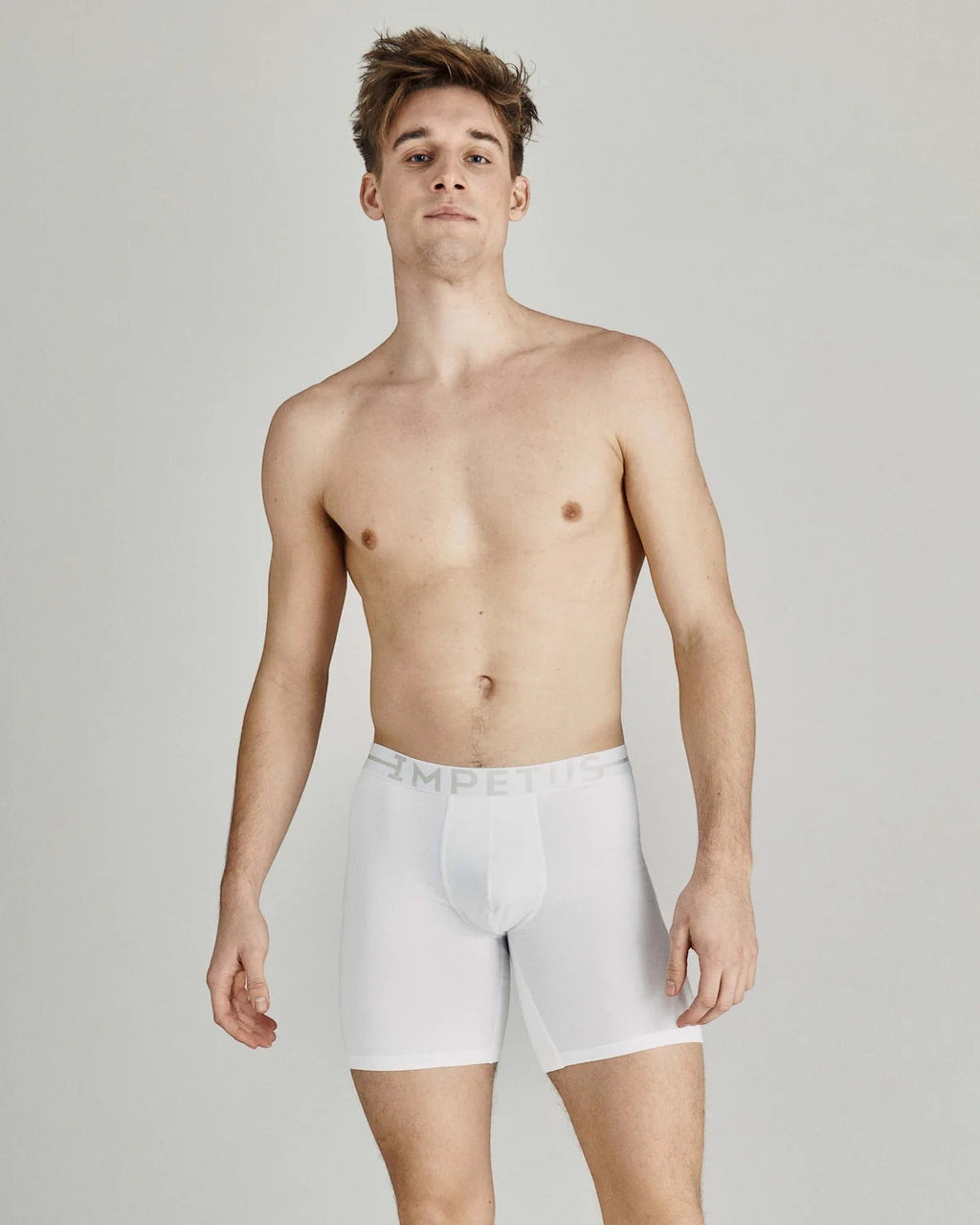 Maison Sarava white cotton stretch long boxer briefs with elastic waistband and comfortable crotch design.