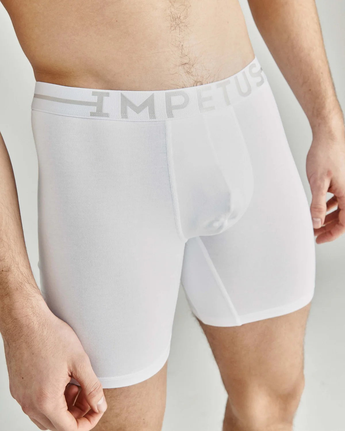 Maison Sarava white cotton stretch long boxer briefs with elastic waistband and inside crotch for comfort.