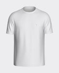 Maison Sarava white textured knit short sleeve crew neck sweater with subtle vertical texture and embroidered logo.