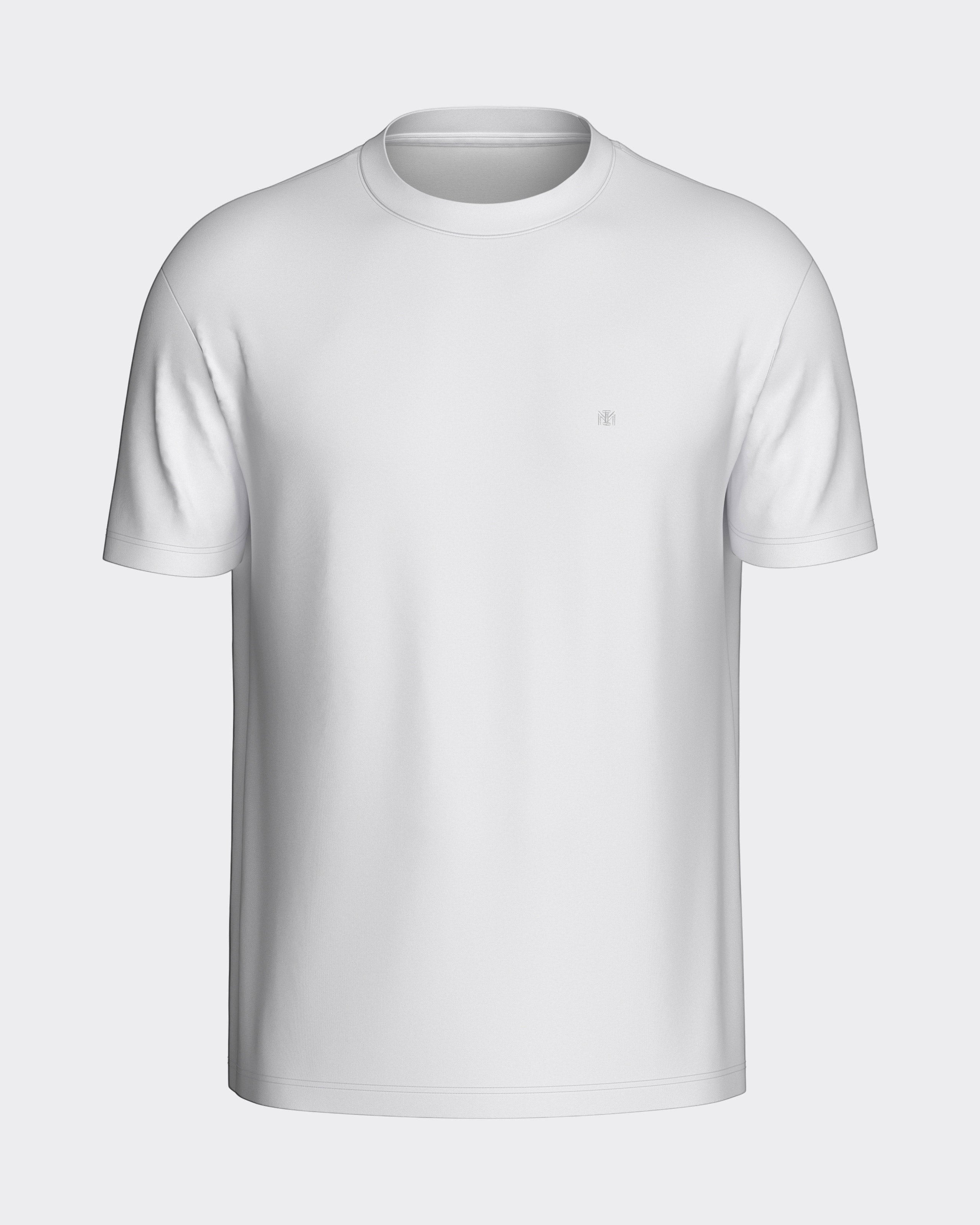 Maison Sarava white textured knit short sleeve crew neck sweater with subtle vertical texture and embroidered logo.