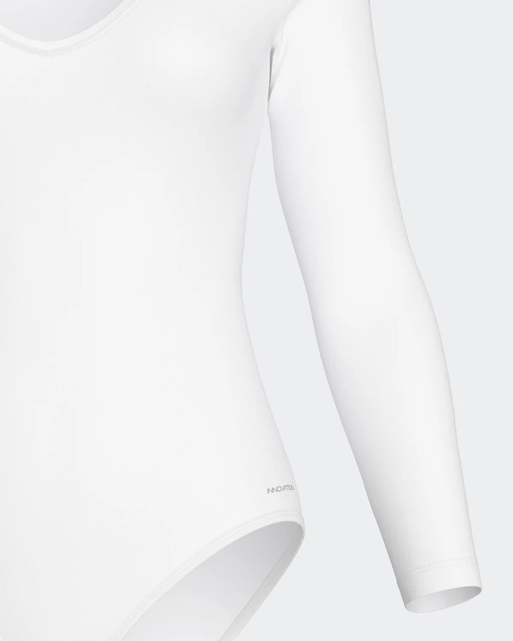 Maison Sarava white long sleeve V-neck bodysuit made from soft, breathable fabric for a smooth, seamless fit.