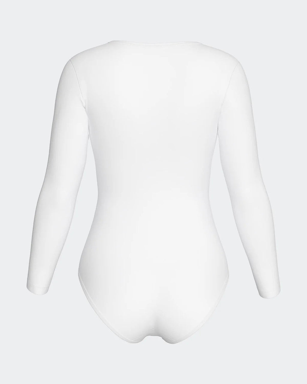 Maison Sarava white long sleeve V-neck bodysuit made from soft, breathable fabric for a smooth, second-skin feel.
