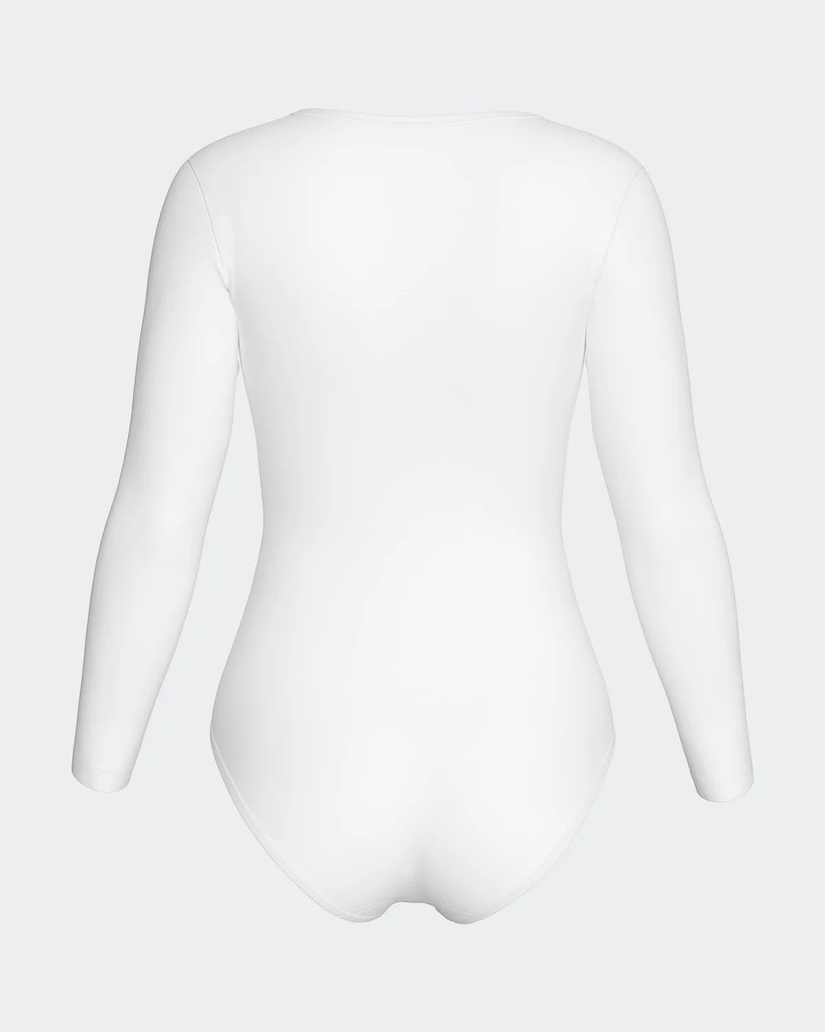 Maison Sarava white long sleeve V-neck bodysuit made from soft, breathable fabric for a smooth, second-skin feel.