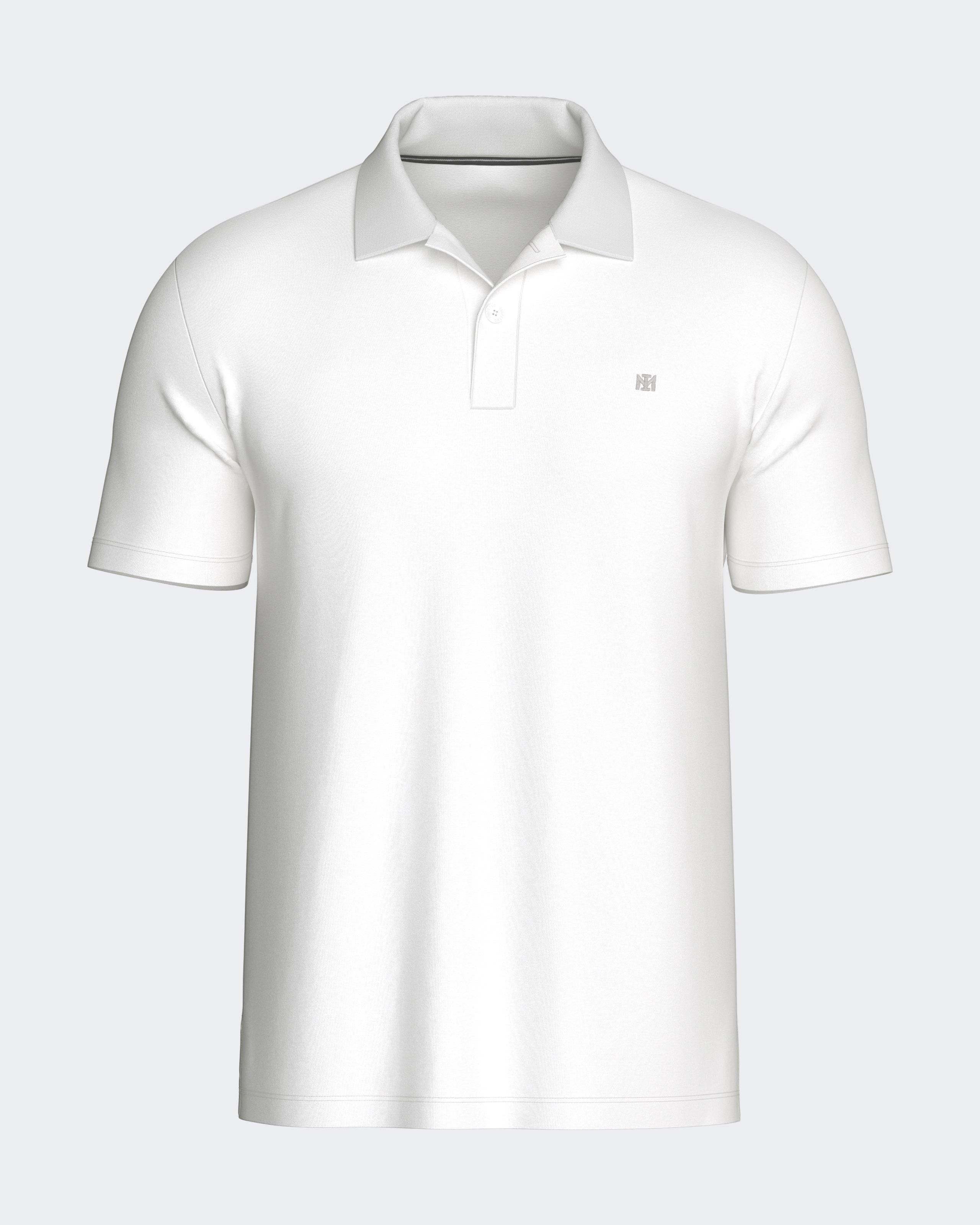 Maison Sarava white classic short sleeve polo shirt with a two-button placket and embroidered logo.