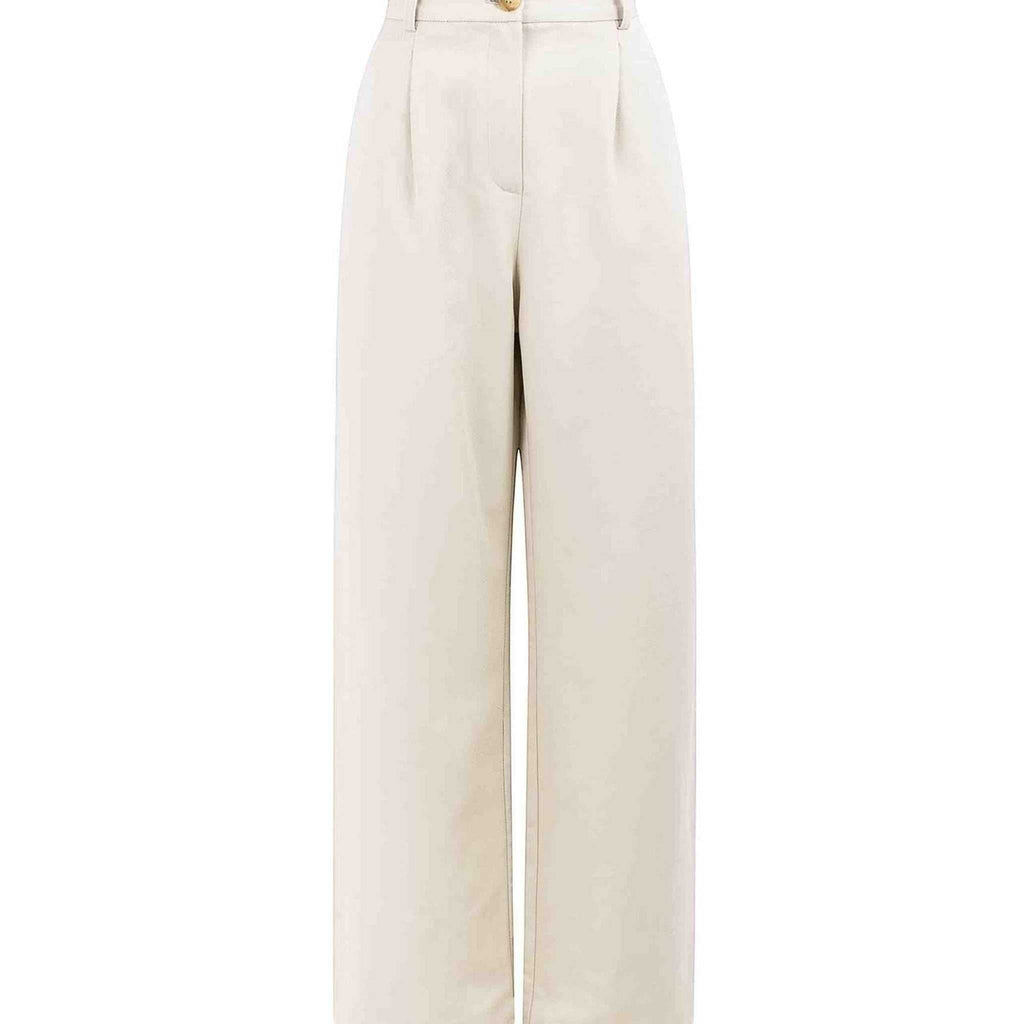 Maison Sarava white tencel wide-leg trousers with front pleats and elastic waistband.