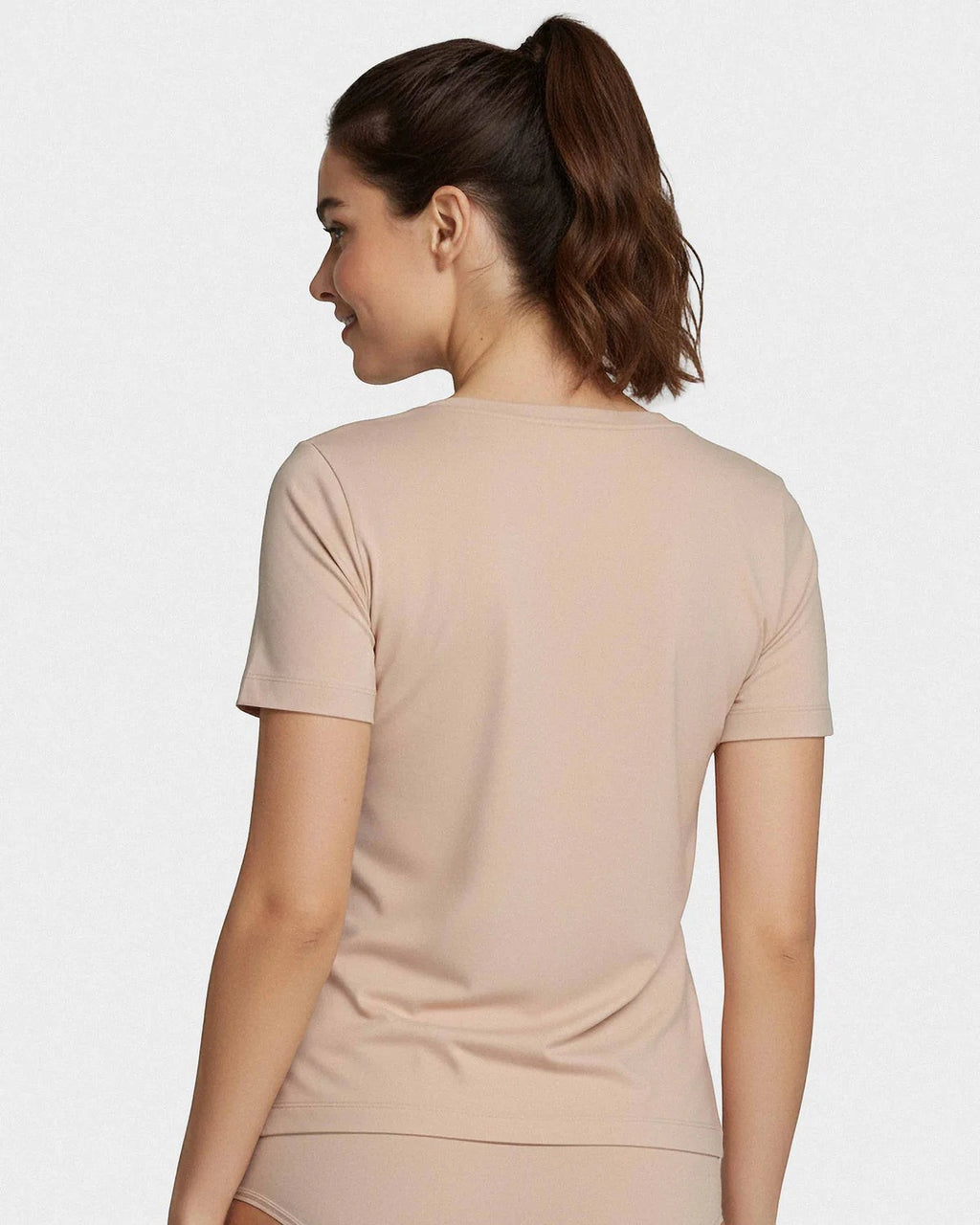 Maison Sarava women's beige V-neck T-shirt made from TENCEL Lyocell, a soft and breathable sustainable fabric.