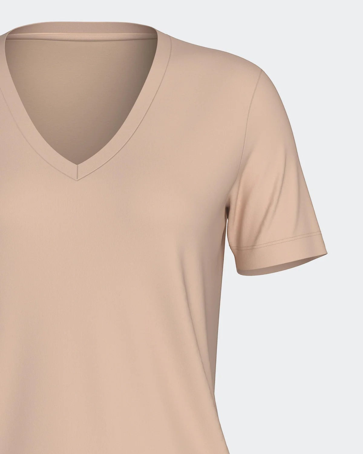 Maison Sarava women's soft beige V-neck T-shirt made from TENCEL Lyocell, a sustainable and breathable fabric.