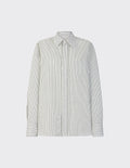 Maison Sarava women's oversized white shirt with a black check pattern, pointed collar, and button cuffs.