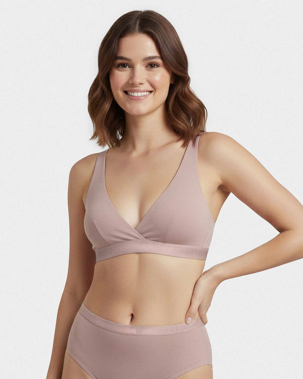 Maison Sarava women's dusty rose Lyocell triangular bra with adjustable straps and a comfortable band. Model wears a matching brief.